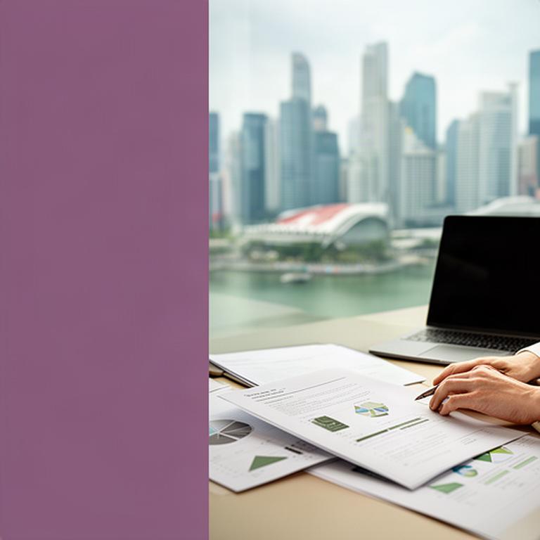 Professional reviewing Singapore and overseas financial documents beside a laptop and city skyline
