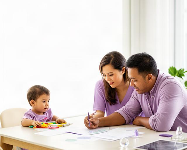 Singaporean parents reviewing a household budget beside their young child at a bright dining table